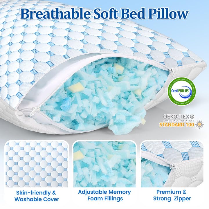 CloudBliss Shredded Memory Foam Pillow for Sleeping - Adjustable Cooling Pillow with Breathable Washable Cover, CertiPUR-US Certified, 1 Pack Queen Size for Side/Back/Stomach Sleepers - Image 5